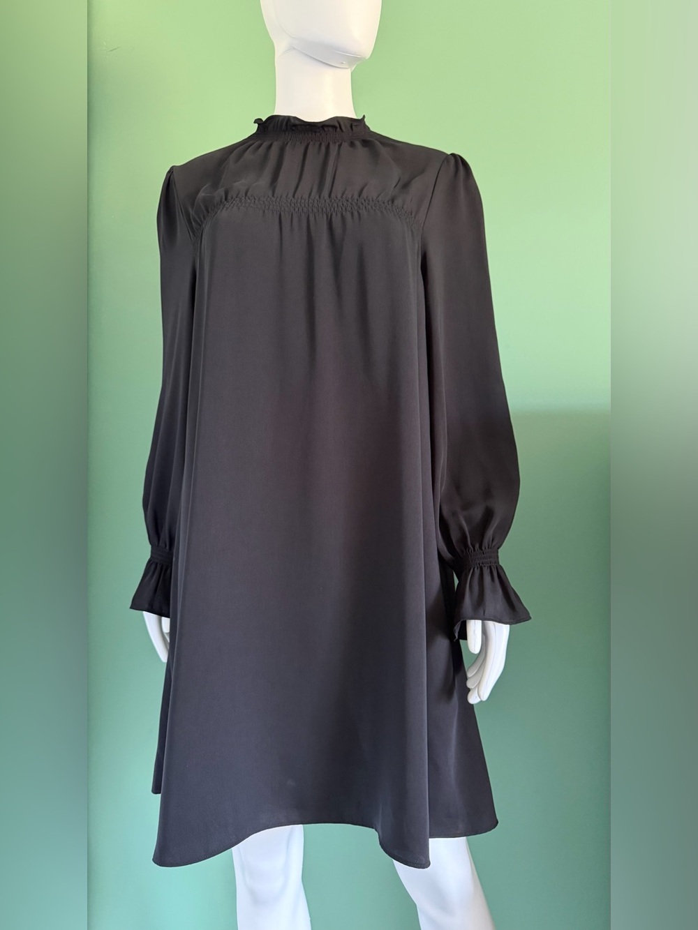 & Other Stories Black Long-Sleeve Mock Neck Smock Mini Dress